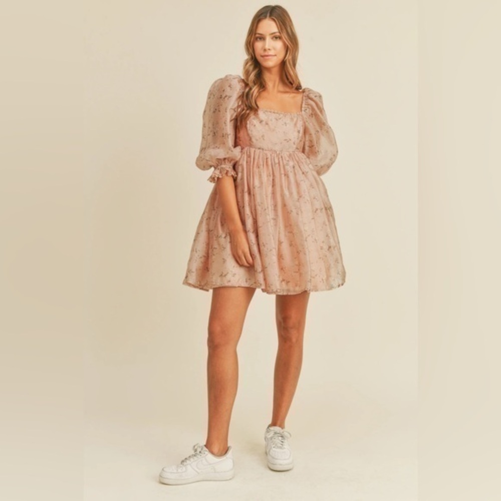 Mabel Cream Floral Print Romantic Tulle Dress Puff Sleeve Mini